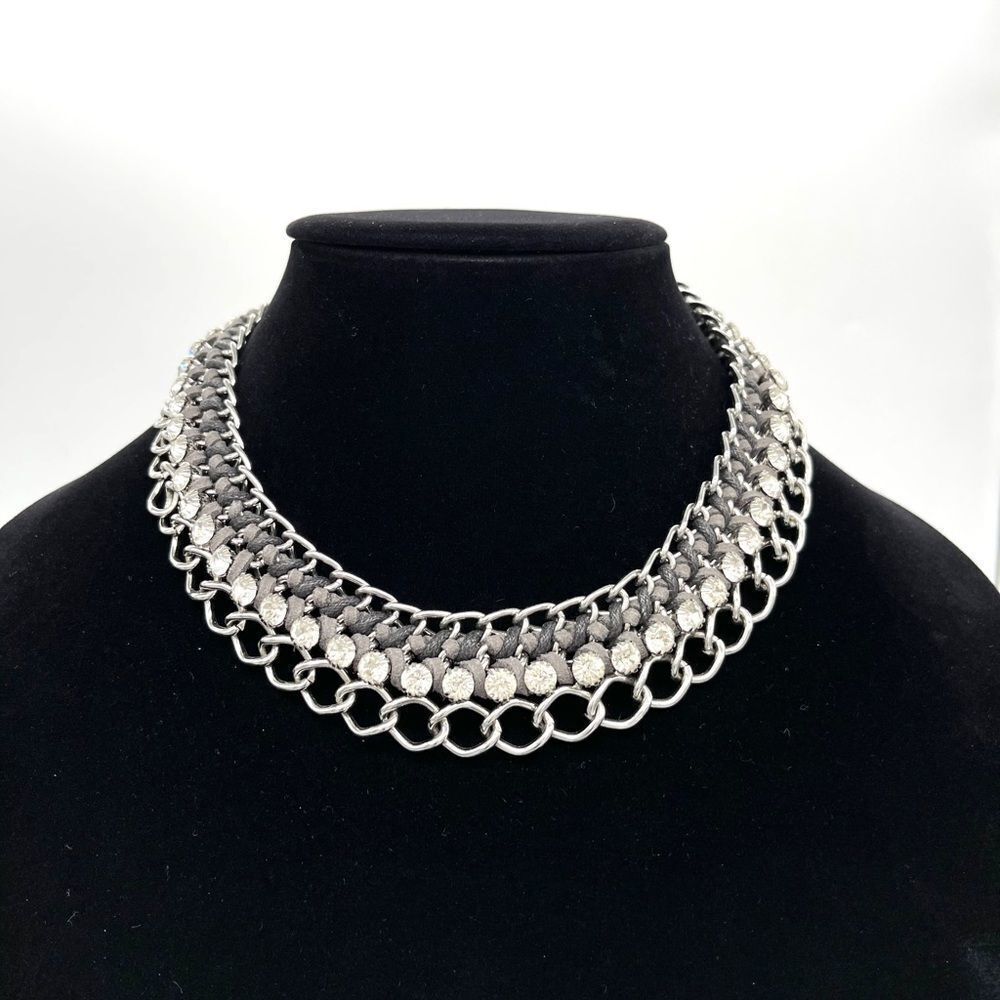Choker Necklace Silver Tone w/ Crystals & Leather